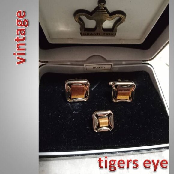 Vintage Grand Prix Swank tiger's eye cufflink and tie tack boxed set